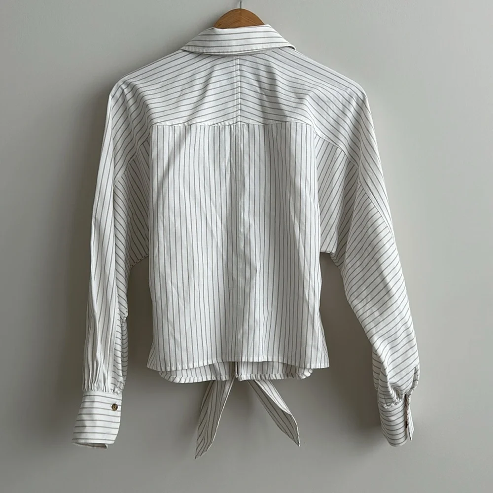 Cabi Balloon Sleeve Waist Tie Button Down Striped Collared Shirt Top Linen Look - Picture 4 of 4